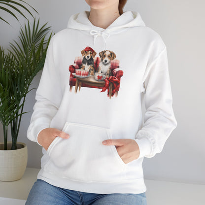 Christmas Puppies Hoodie - Festive Dogs on Sofa Holiday Sweatshirt