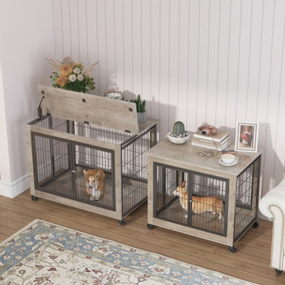 Furniture Style Dog Cage Side Table with Wheels Double Doors and Raised Top