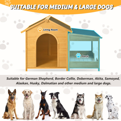 Large Wooden Dog House - 60" Cabin with Covered Porch