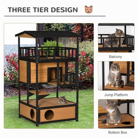 Three-tiered cat playhouse with balcony, jump platform, and bottom box features.