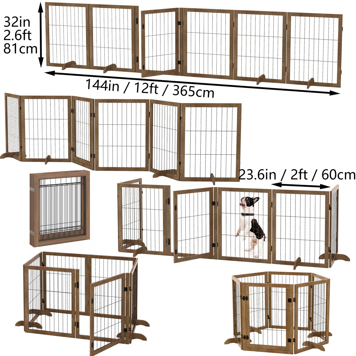 Dog Gate with Door - 6 Panel Pet Fence Barrier 144 Inch