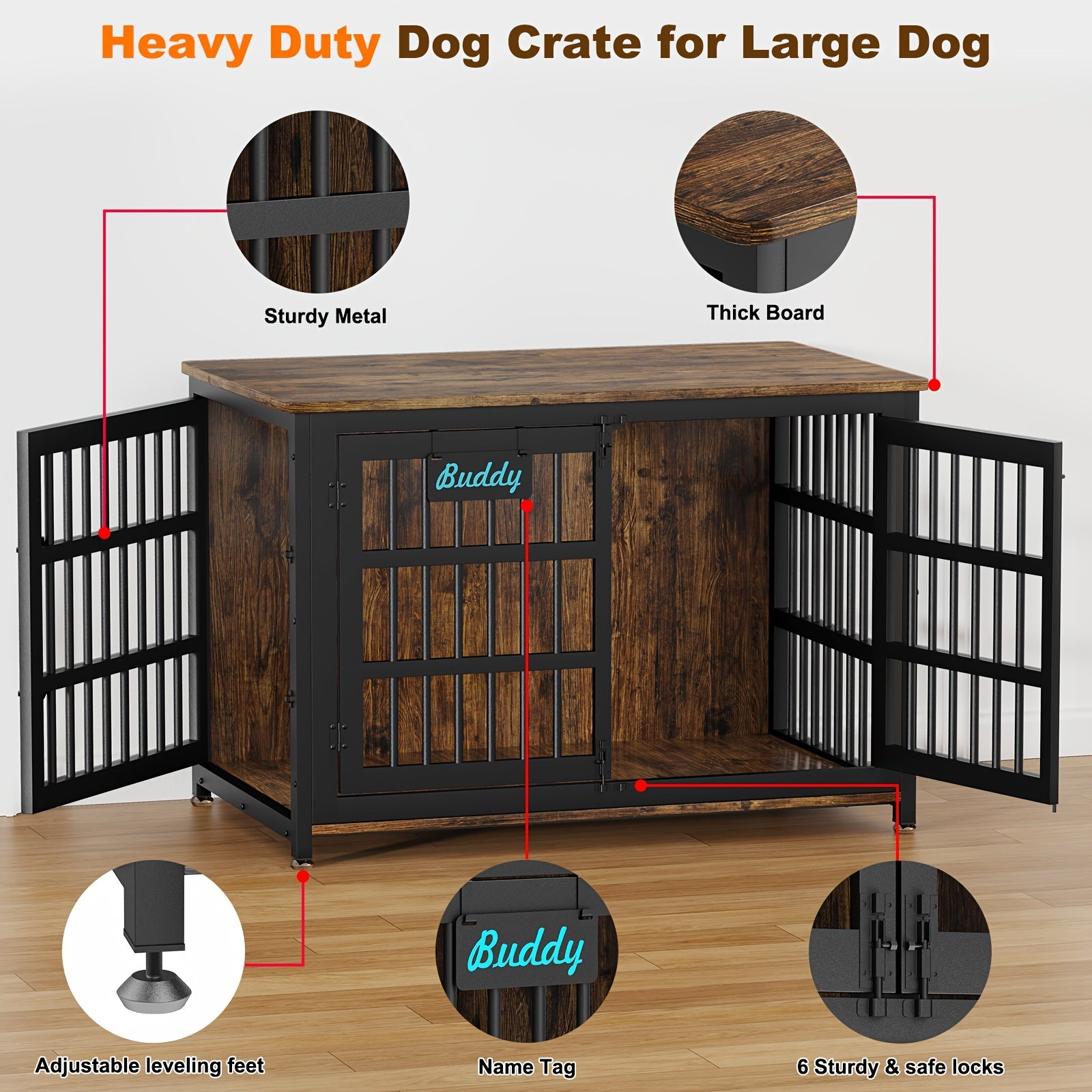 Heavy Duty Dog Crate Furniture for Large Dogs - Double Door Escape-Proof Kennel