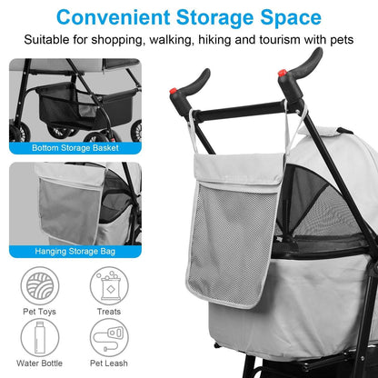 Pet Travel Stroller - Foldable 4-Wheel Carrier With Storage Basket