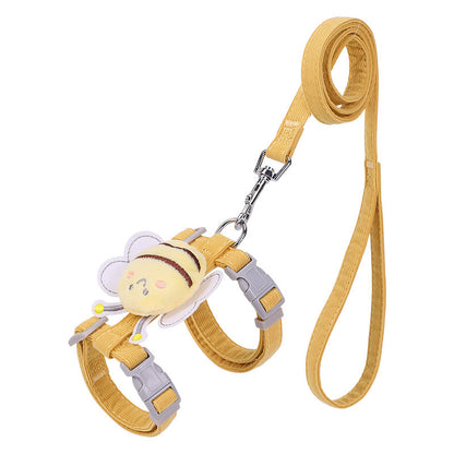 Yellow dog leash with a bee-shaped clip on a white background