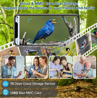 Phone screen showing a blue bird with outdoor and indoor scenes of people using devices.