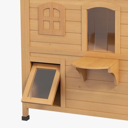 2-Story Wooden Outdoor Cat House - Feral Shelter with Escape Door