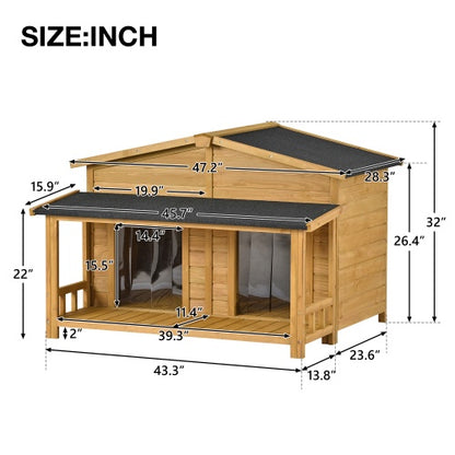 Large Wooden Dog House with Porch - Outdoor Hut Style Kennel