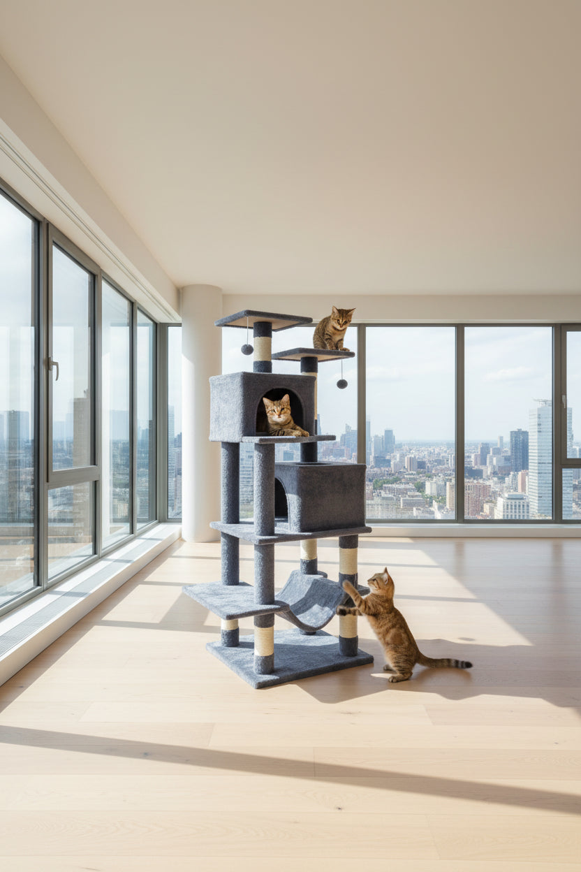 57" Multi-Level Cat Tree For Multi-Cat Households, 2 Condos & Hammock With Sisal Scratching Posts-Gray