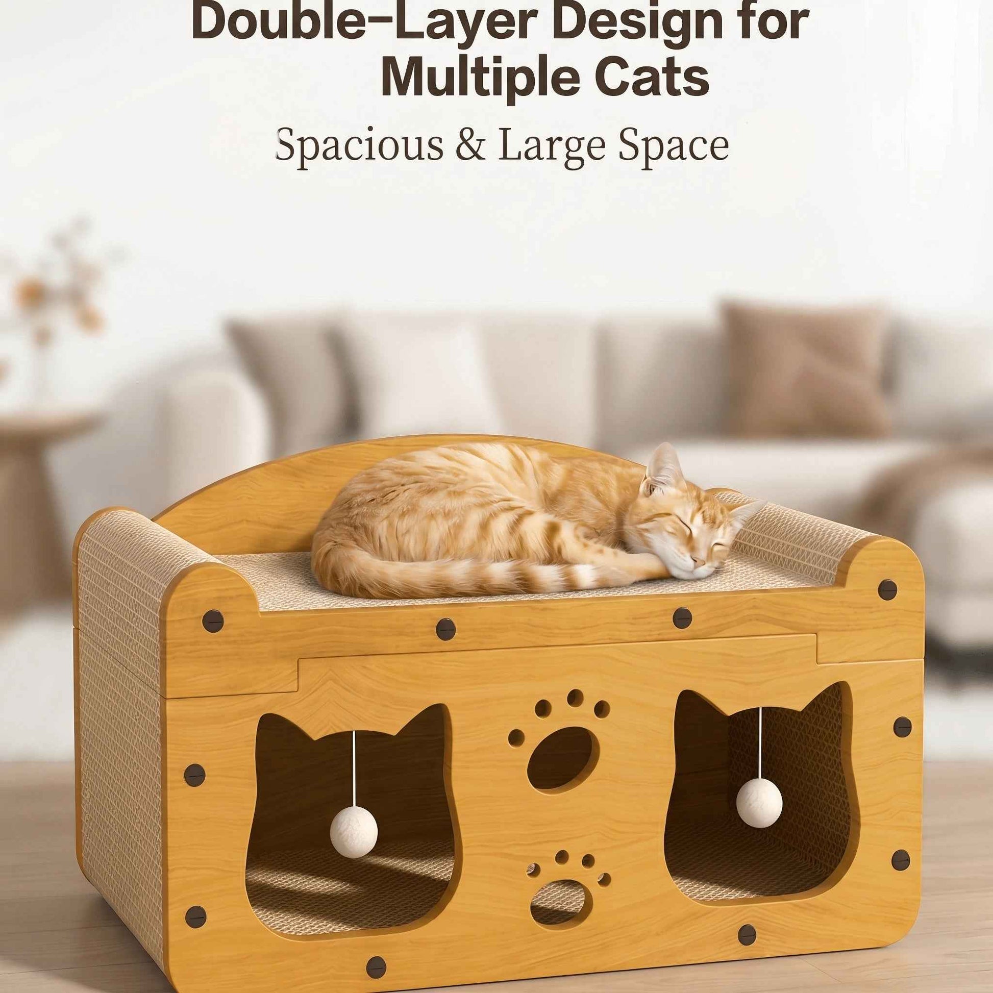 Multi-Style Double-Layer Cat Scratcher House, 2-Tier Large Cat Villa Bed With Corrugated Cardboard, Interactive Hanging Balls & Ergonomic Neck Support, Furniture-Saving Hideaway Cave For Indoor Cats