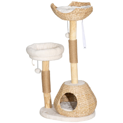 Cat Tree 41" Natural Wood - Jute Posts Condo Beds Toy Balls
