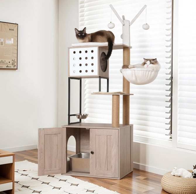 Cat Tree With Litter Box Enclosure - Modern 3-in-1 Cat Condo With Scratching Posts