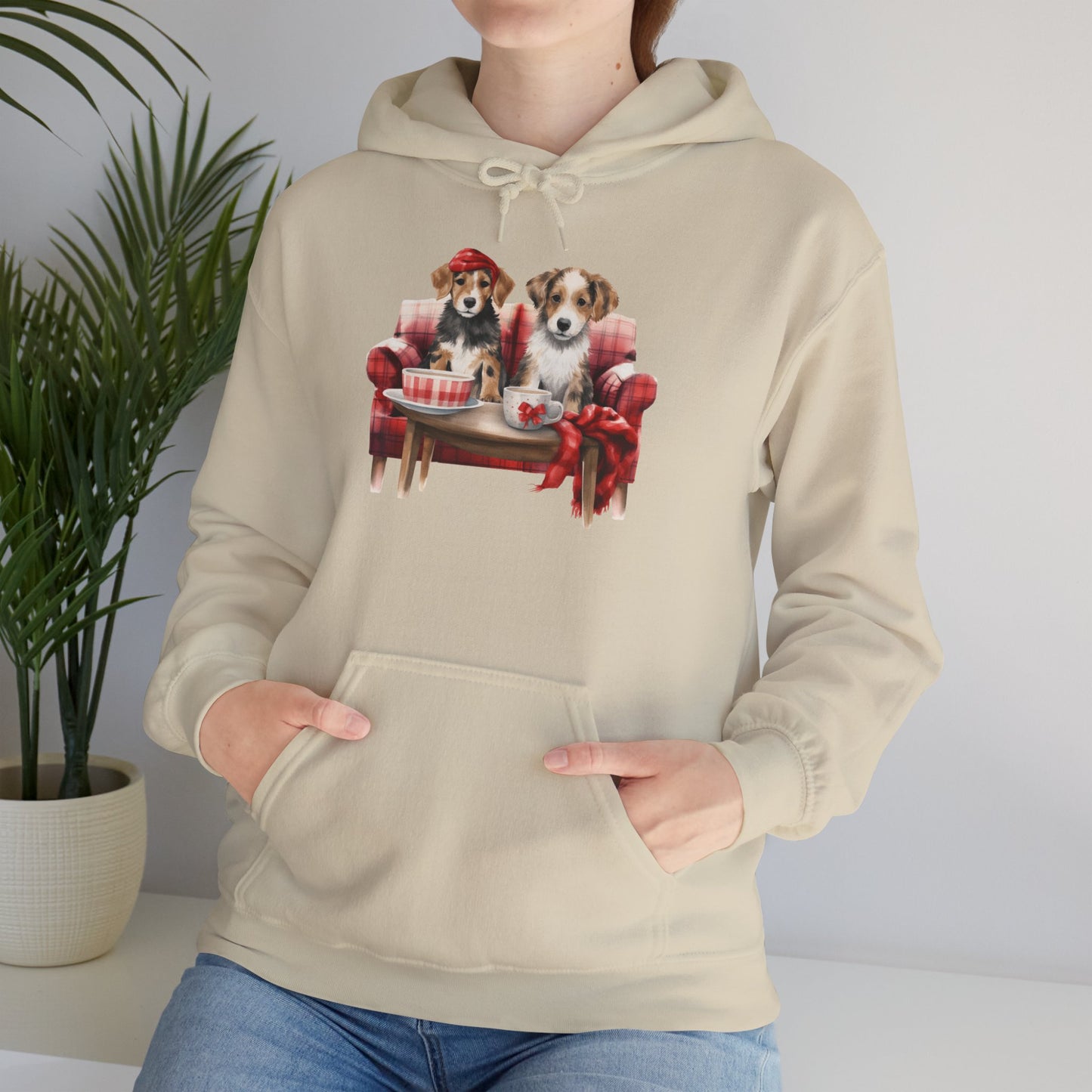Christmas Puppies Hoodie - Festive Dogs on Sofa Holiday Sweatshirt