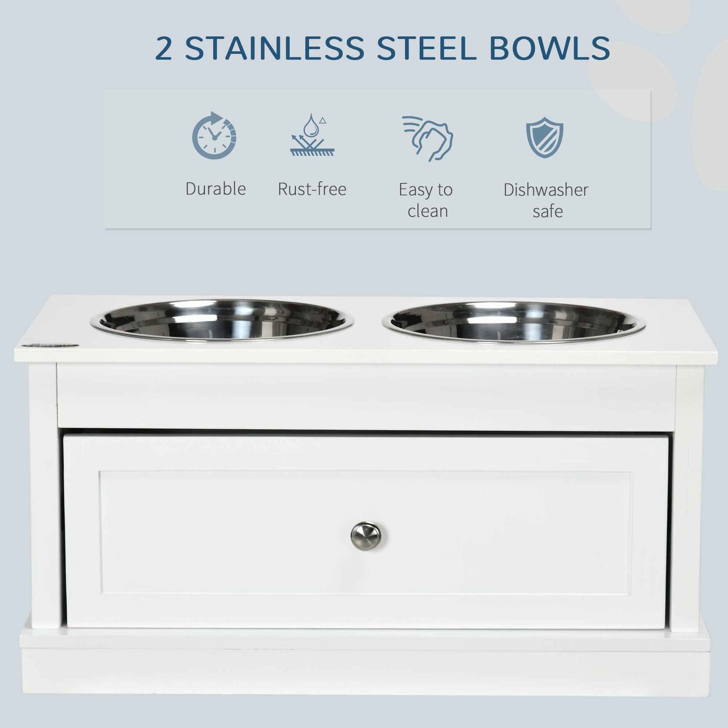 Large Elevated Dog Bowls with Storage Drawer Containing 11L Capacity, Raised Dog Bowl Stand Pet Food Bowl Dog Feeding Station, White