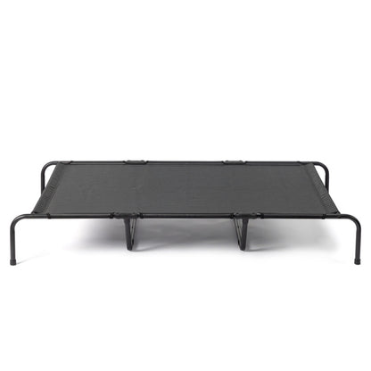 Black metal pet bed on a white background