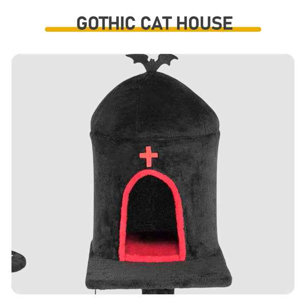 53in Gothic Cat Tree With Coffin Bed, Large Cat Tower With Spacious Cat Condo, Scratching Posts, Spider Hanging Toys, Scratching Board, Multi-Level Cat Activities Furniture For Large Cats, Red & Black