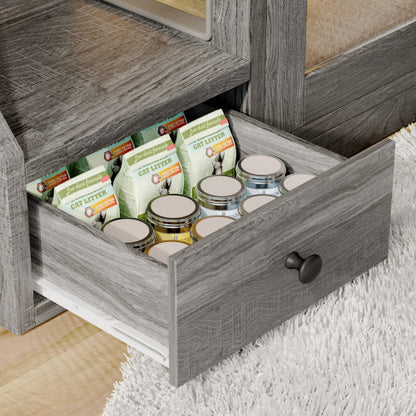 GO Cat Litter Box Enclosure With Light , Hidden Litter Box Furniture With 2 Storage Drawers, Indoor Cat House Side Table For Living Room