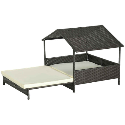 Outdoor Dog Bed Extendable Wicker Dog Bed w/ Waterproof Roof, Soft Cushion, for Small and Medium Dogs, Cream White