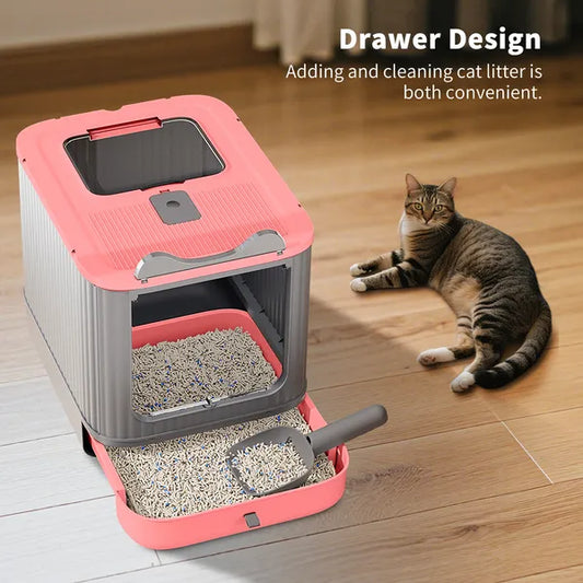 Cat Litter Box Enclosed Dual Entry - Drawer Tray Odor Free