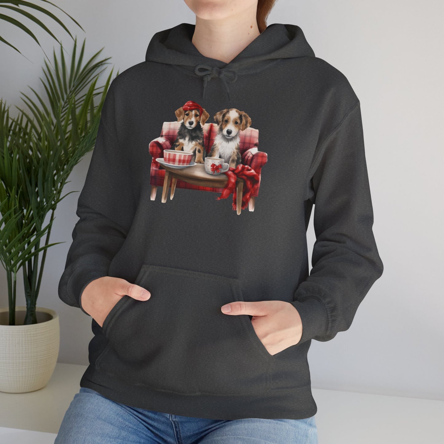 Christmas Puppies Hoodie - Festive Dogs on Sofa Holiday Sweatshirt
