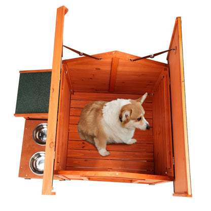 Wooden Cat & Dog House - Fir with Food Bowl & Storage