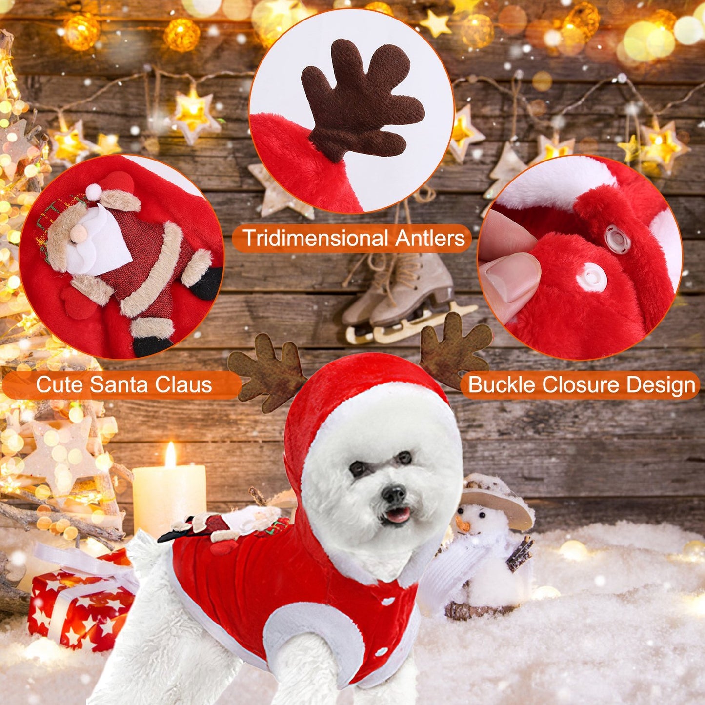 Christmas Santa Reindeer Pet Outfit - Holiday Coat with 3D Antlers