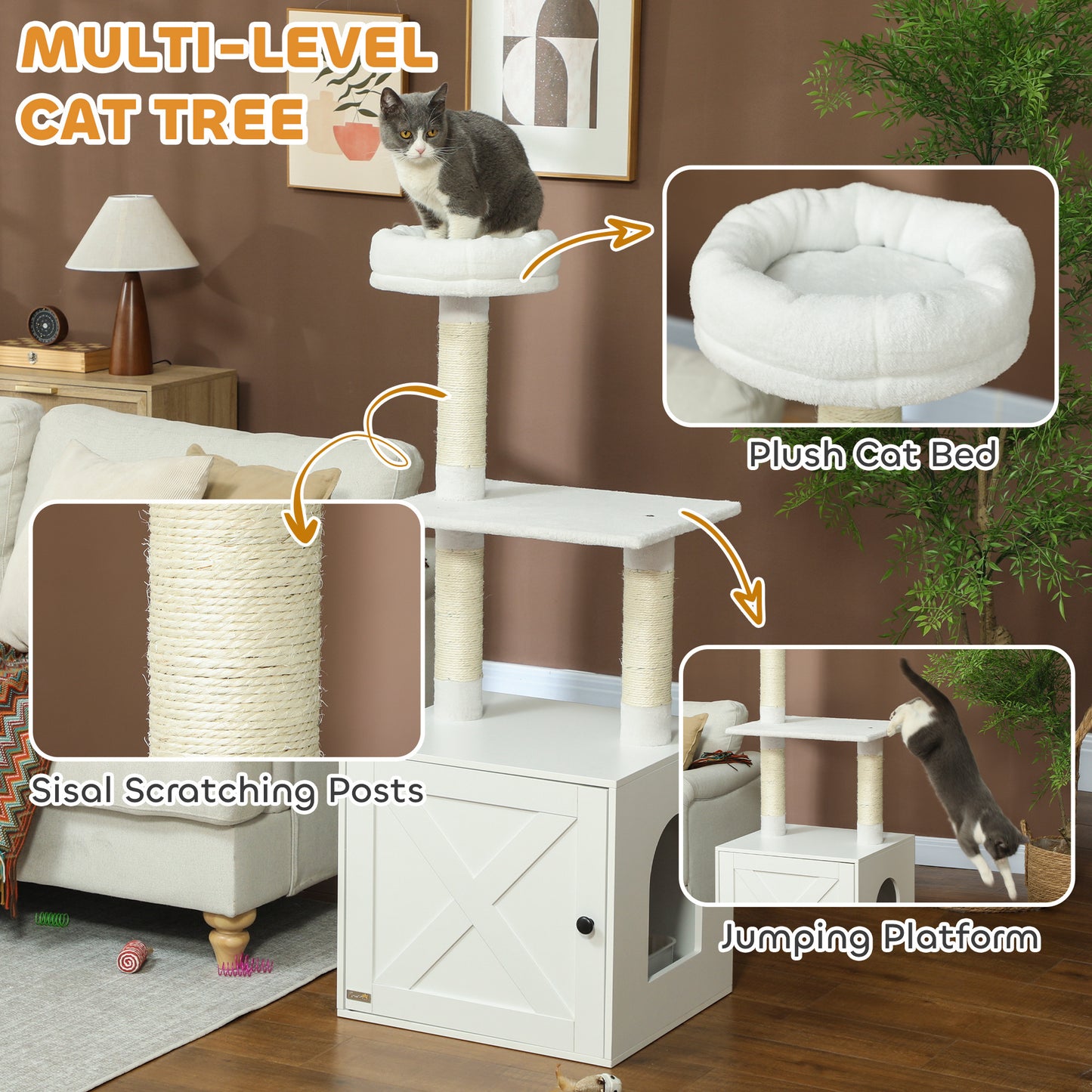 Cat Tree with Litter Box Enclosure - Multi-Level Scratching Tower