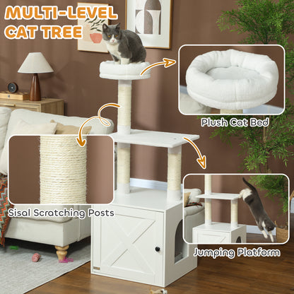 Cat Tree with Litter Box Enclosure - Multi-Level Scratching Tower