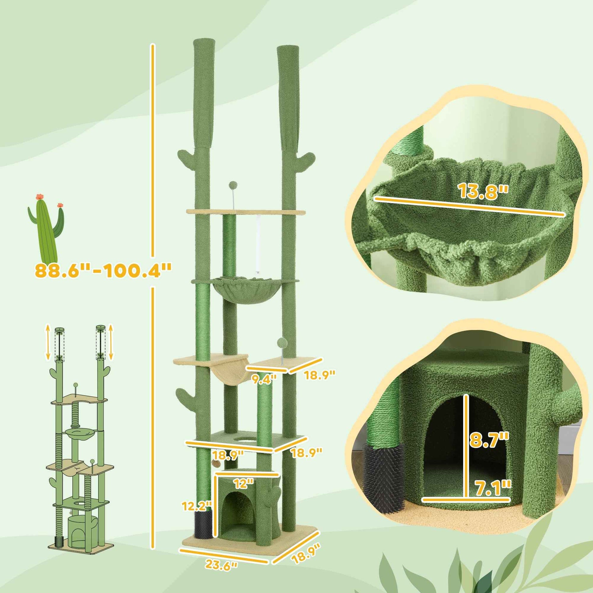 89"-100" Floor to Ceiling Cat Tree, Cat Climbing Tower with Grooming Brush Post, Cat Condo, Hammock, Green