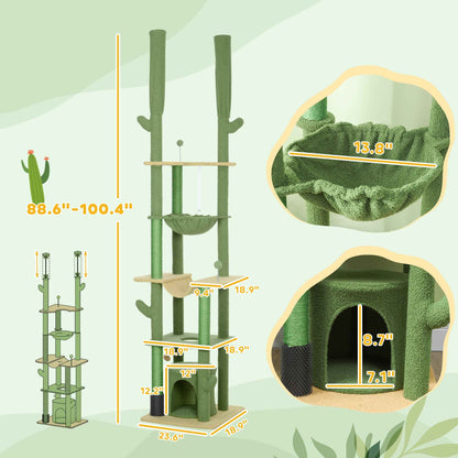 89"-100" Floor to Ceiling Cat Tree, Cat Climbing Tower with Grooming Brush Post, Cat Condo, Hammock, Green
