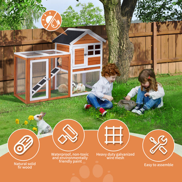 Wooden Rabbit Hutch with Run - Fir Wood with Ladder