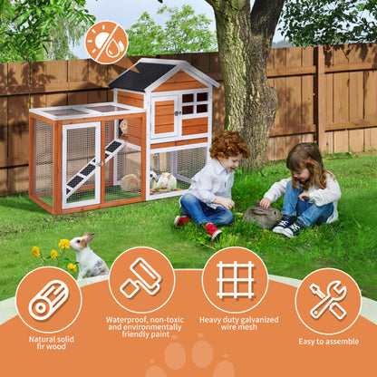 Wooden Rabbit Hutch with Run - Fir Wood with Ladder