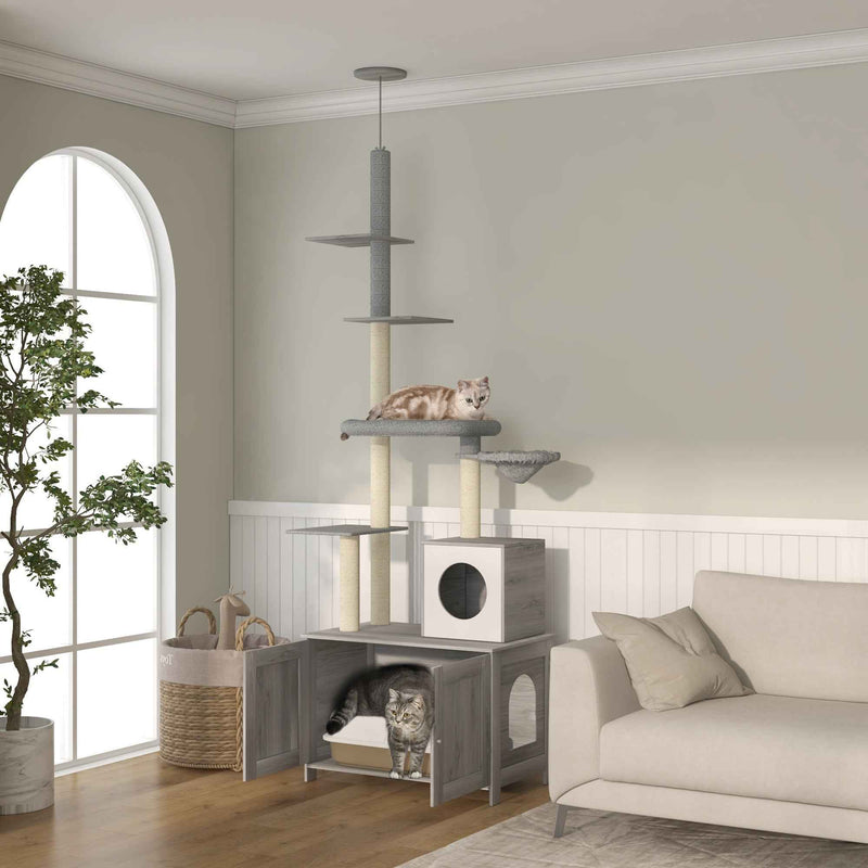 Cat Tree Floor to Ceiling with Litter Box - 2 in 1 Condo