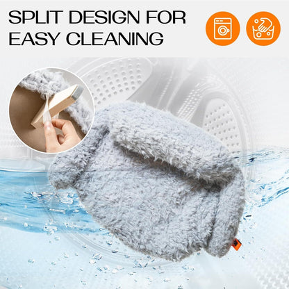 Gray cleaning mitt with text 'Split Design for Easy Cleaning' and icons indicating washing and cleaning.