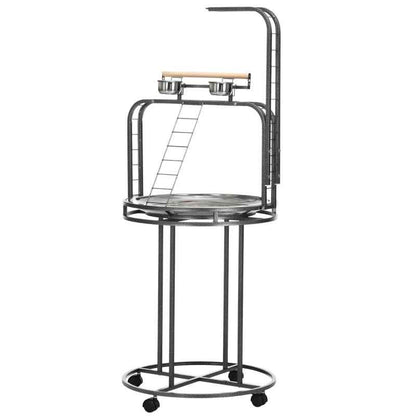 PawHut Parrot Stand Large Bird Perch Stand With Toy Hook  3 Ladders, Parrot Perch, Bird Wooden Stand, Gray