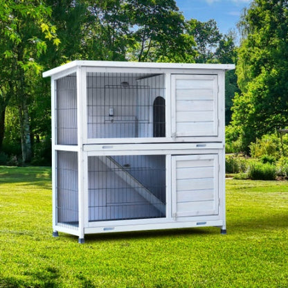 2-Story Rabbit Hutch - White with Removable Trays & Run