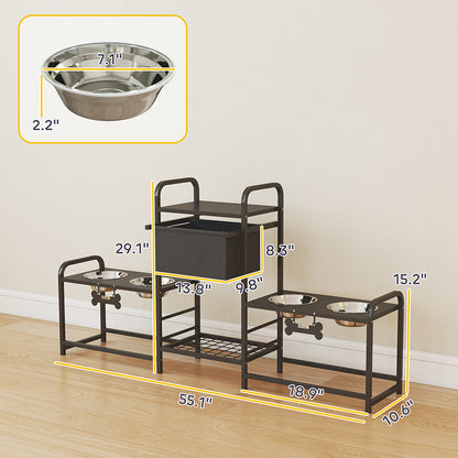 Dog Bowl Stand Dual Station - 4 Bowls 3 Heights Storage Bin