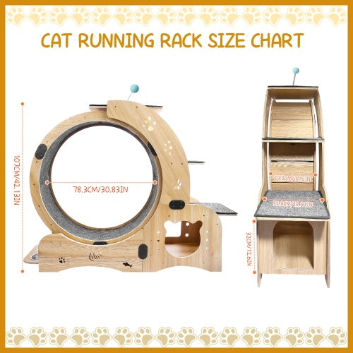 Cat Exercise Wheel Wooden - Silent 6-in-1 Indoor Cat Gym