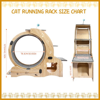 Cat Exercise Wheel Wooden - Silent 6-in-1 Indoor Cat Gym