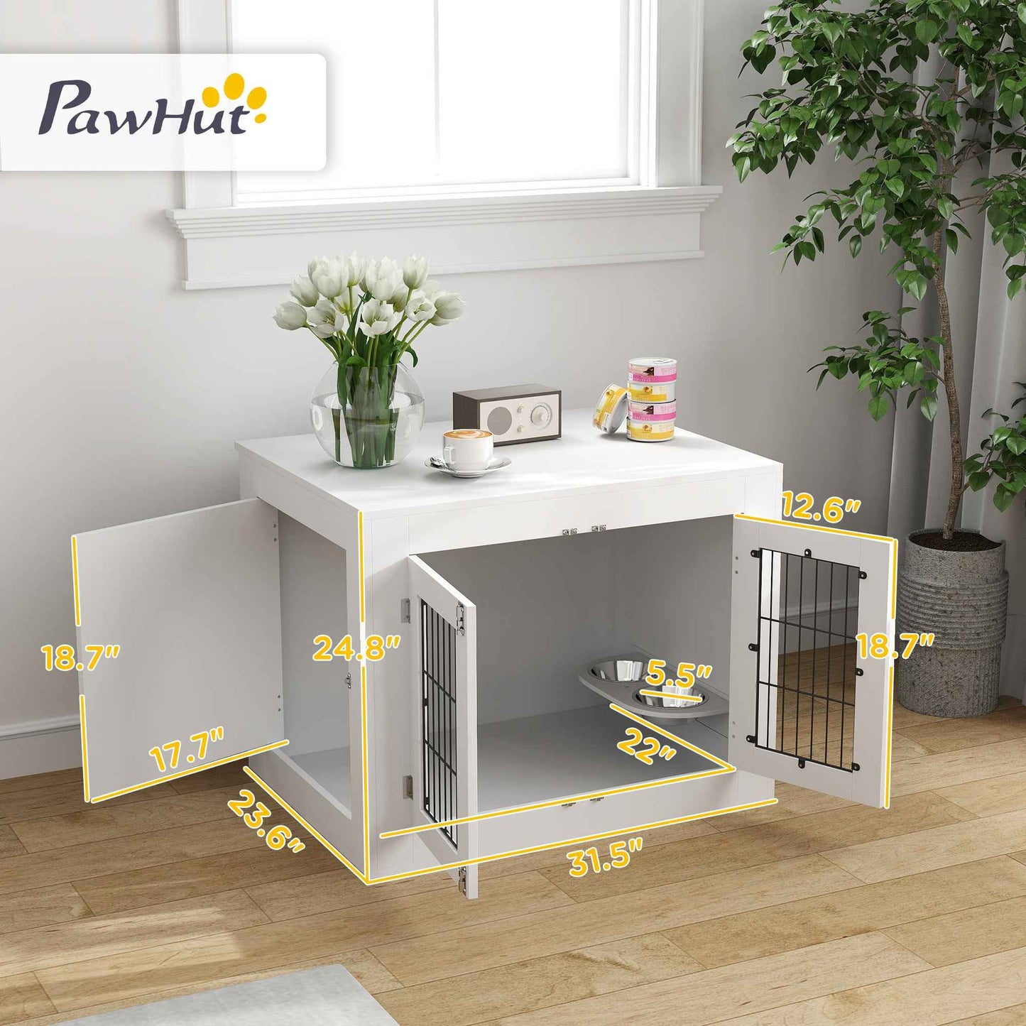 Dog Crate Furniture with 360° Rotatable Removable Dog Bowls