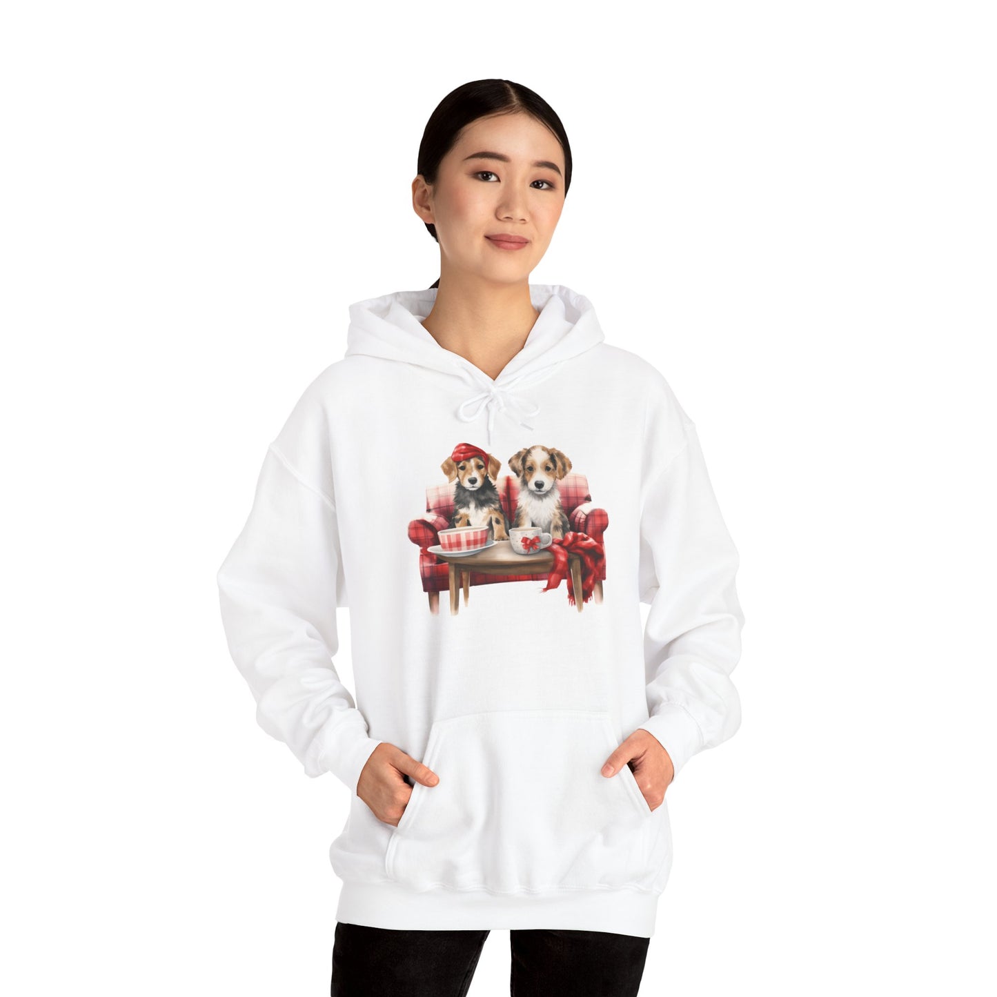 Christmas Puppies Hoodie - Festive Dogs on Sofa Holiday Sweatshirt