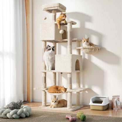 66-Inch Cat Tree Tower - Multi-Level with 2 Condos & Hammock - Purrfect Pet Haven