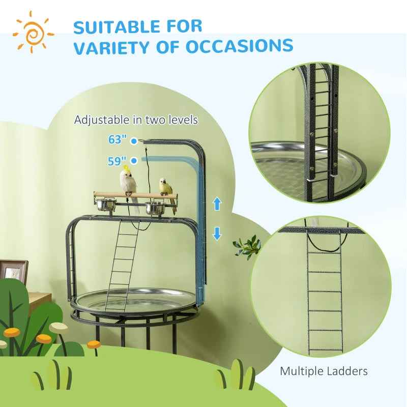 PawHut Parrot Stand Large Bird Perch Stand With Toy Hook  3 Ladders, Parrot Perch, Bird Wooden Stand, Gray