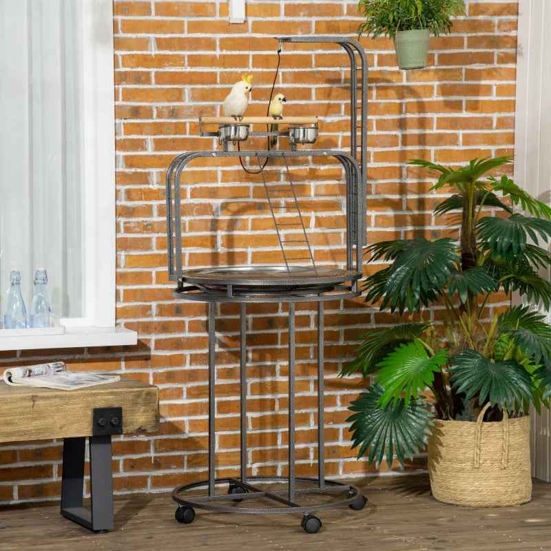 PawHut Parrot Stand Large Bird Perch Stand With Toy Hook  3 Ladders, Parrot Perch, Bird Wooden Stand, Gray