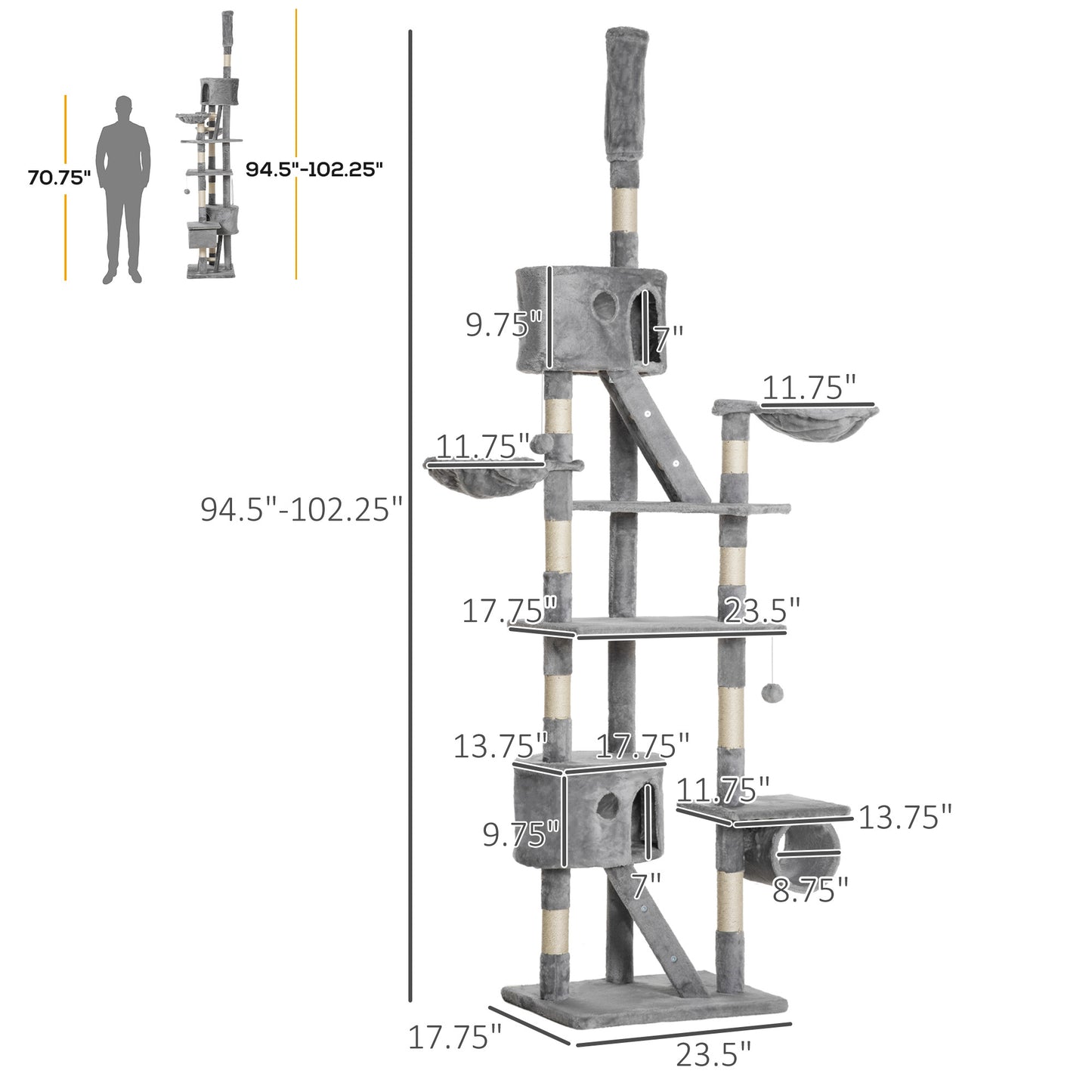Floor Standing Cat Tree - Height Adjustable 94.5" Climbing Tower