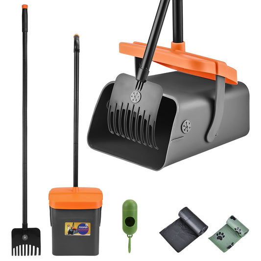 Pooper Scooper Kit Dog Poop Rake & Swiveling Bin Poop Heavy Duty Pick Up Tool With Extra Long Handle 35 Waste Bags Dispenser