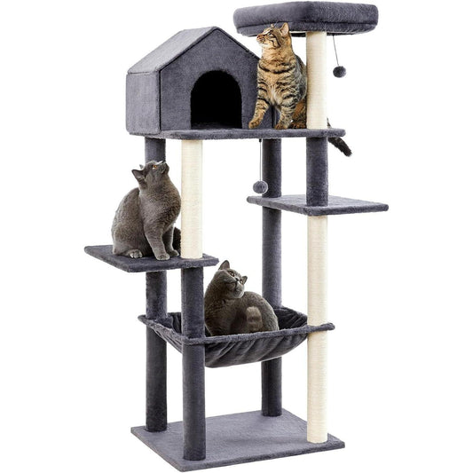 60 Inch Multi-Level Cat Tree For Indoor Cats With Plush Hammock