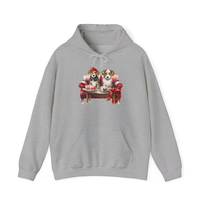 Christmas Puppies Hoodie - Festive Dogs on Sofa Holiday Sweatshirt
