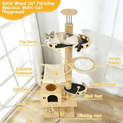 Floor To Ceiling Cat Tree, 6 Level Adjustable Height Climbing Tower With Thickened Scratching Posts, Cats Activity Center With Transparent Capsule And Cozy Hammock