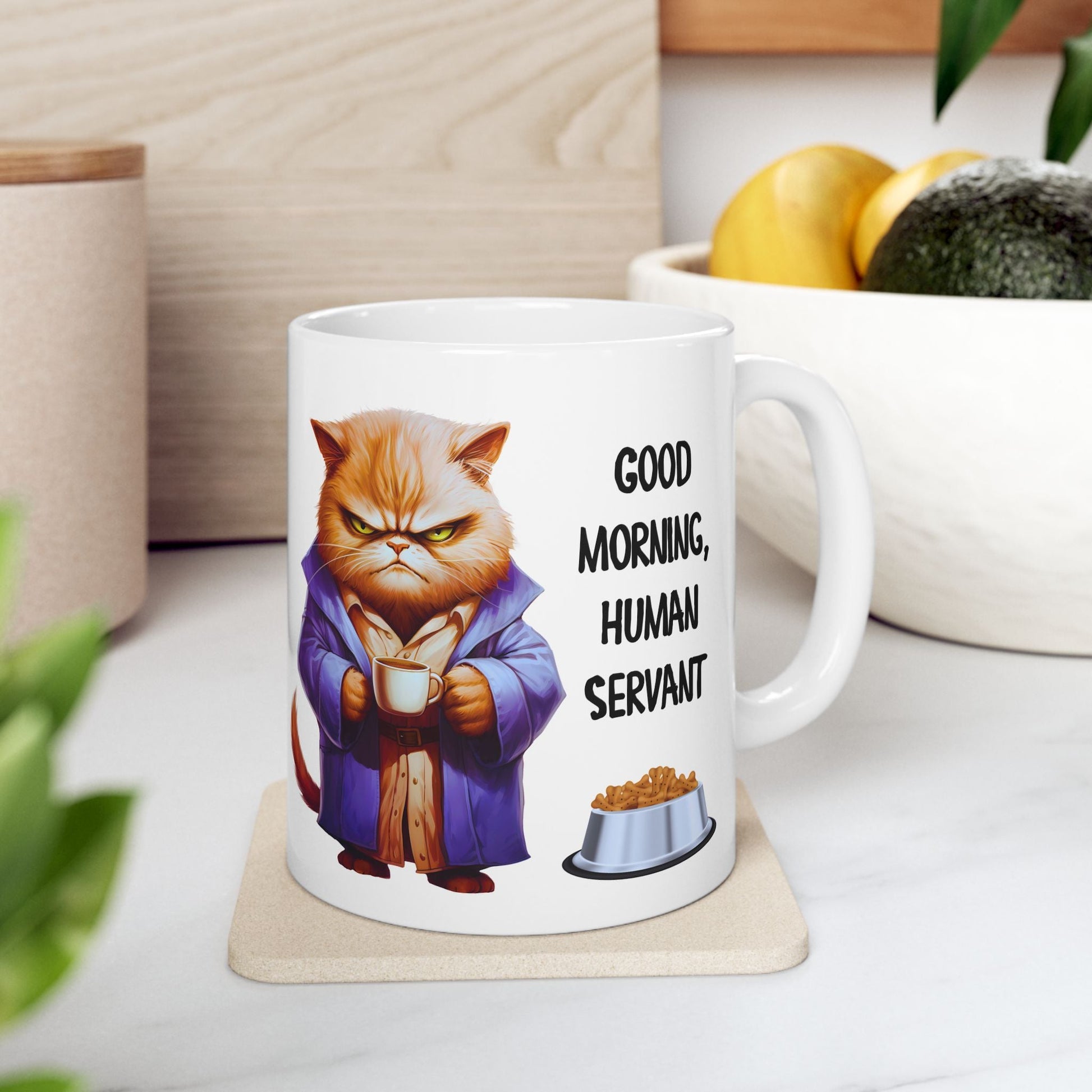 Funny Cat Mug - "Good Morning, Human Servant" - 11oz & 15oz Ceramic Coffee Cup | Purrfect Pet Haven