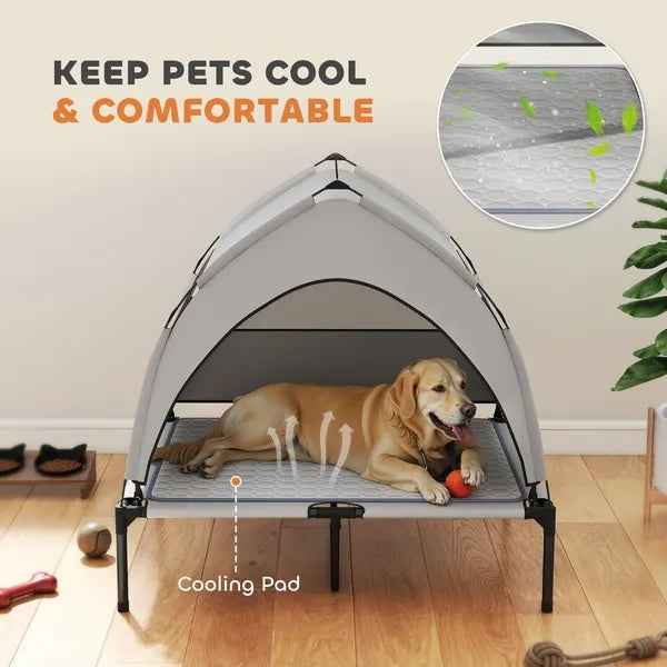 Elevated Dog Bed With Removable Canopy, Portable Outside Raised Pet Cot With Cooling Pad, Storage Bag